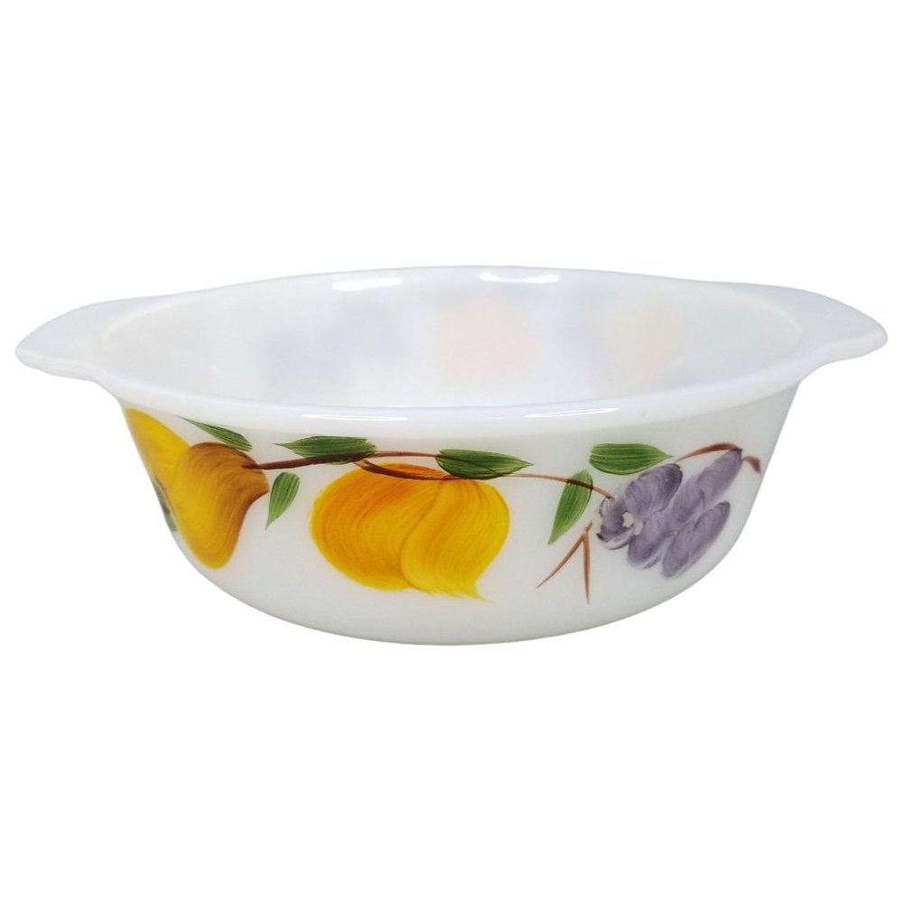 Vtg Fire King 1.5 Quart Casserole Dish Fruit Pattern Hand Painted Anchor Hocking